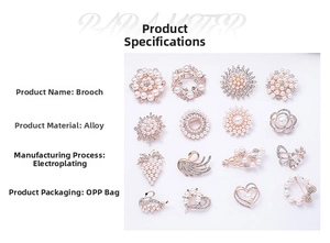 Detail view of pearl and crystal flower brooches in various designs with alloy plating