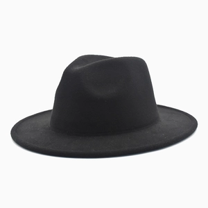 Detailed top view of a classic black felt fedora hat with flat brim and indented crown