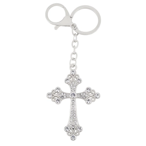 Silver cross keychain with sparkling rhinestones and lobster clasp on white background