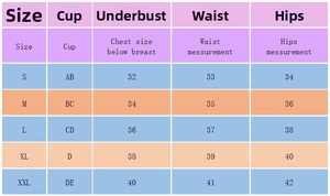 Detaillierte Größentabelle für Damen-Bikinis von S bis XXL mit genauen Maßangaben