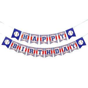 Baseball-themed Happy Birthday banner in red, blue, and white for sports party decor