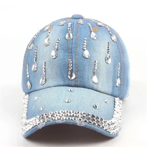 Light blue denim baseball cap with sparkling silver rhinestones and teardrop crystal fringe