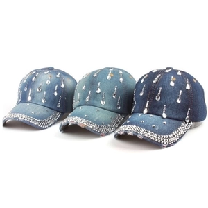 Detailed comparison of three denim baseball caps with rhinestones and drop crystal charms