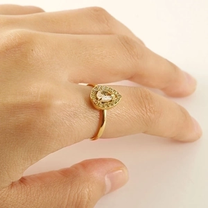 Teardrop Halo Adjustable Ring 18K Gold Plated Stainless Steel With Zircon Water Drop Elegant Finger Jewelry For Women