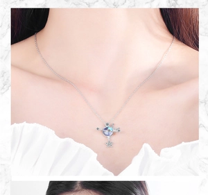Detail of star and moon planet necklace with blue stones on a model's neck