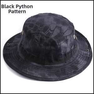 Detail view of tactical boonie hat in black python camo with breathable eyelets