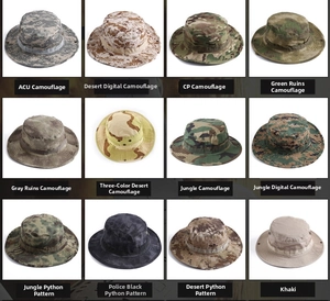 Grid view showing twelve camouflage tactical boonie hats in various patterns and colors