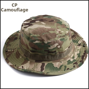 Close-up of CP camouflage boonie hat with breathable metal eyelets and adjustable chin cord