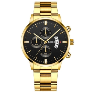Close-up of gold steel business watch with black three-eye dial and date display