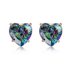 Aurora Rainbow Zircon Stud Earrings Geometric Heart Square Copper Gold Plated With Silver Earring Post For Women