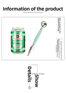 Detailed view of dual-head stainless steel fruit scooper and carver tool size comparison