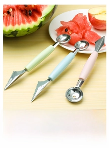 Detail of dual-head stainless steel fruit baller and carving knife in three colors