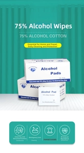 Detailed view of 75% ethyl alcohol pads box and single sterile wipes with CE certification