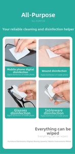 Detailed view showing medical alcohol pads cleaning phones, skin, glasses, and cutlery