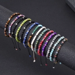 Adjustable 4mm natural stone beaded bracelets with vintage alloy spacers and woven cord