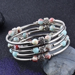 Bohemian multi-layer wrap bracelet with natural marble beads and silver rose charms