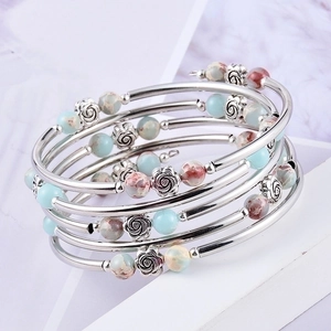 Multilayer bohemian wrap bracelet with silver rose beads and natural turquoise stone beads