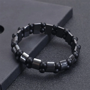 Double-layer matte black magnetic stone bracelet with round beads and metal bars
