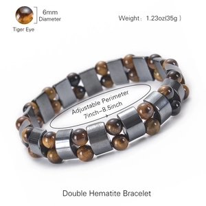 Double row hematite and tiger eye bracelet with 6mm beads and adjustable elastic band