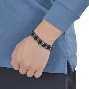 Double-layer matte onyx and hematite magnetic therapy stretch bracelet for wellness