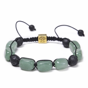 Handmade Tree of Life adjustable bracelet with green jade and black lava stone beads