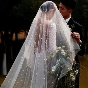 Elegant French Vintage Bridal Wedding Veil Long Soft Tulle With Imitation Artificial Pearl Beads For Bride Marriage Photography