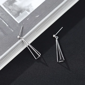 Minimalist S925 silver geometric triangular drop earrings with polished hollow design