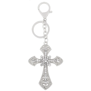 Silver cross keychain with micro-pave rhinestones and metal lobster clasp hanger