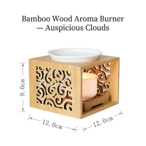 Bamboo wood aromatherapy candle lamp with ceramic tray and cloud carving, 12x12x9cm
