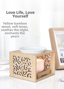 Close-up of bamboo aromatherapy lamp with a white ceramic bowl in a cozy home setting