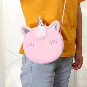 Pink plush unicorn crossbody bag for girls with silver horn and embroidery details