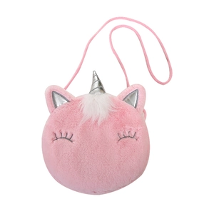 Cute pink plush unicorn shoulder bag for kids with colorful faux fur and silver horn
