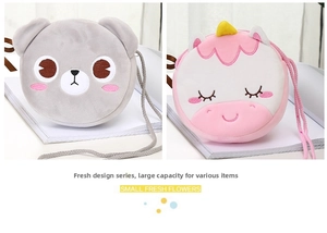 Detail of plush cartoon crossbody bags featuring bear and unicorn designs with rope straps