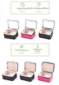 Detail of portable jewelry box featuring waterproof leather and internal makeup mirror