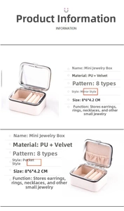 Mini PU leather jewelry box measuring 8x6x4.2cm with mirror and pocket storage detail