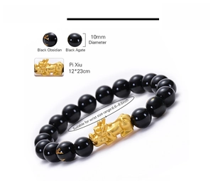 Detailed size chart for the black obsidian Pixiu bracelet with 10mm beads and gold charms