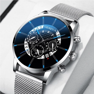 Macro view of Geneva men's watch with blue gradient dial and silver mesh strap