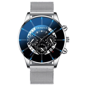 Detailed view of Geneva men's luxury watch with blue-black dial and silver mesh strap