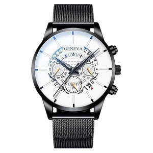 Detail view of Geneva black mesh band watch featuring three-eye dial and calendar display
