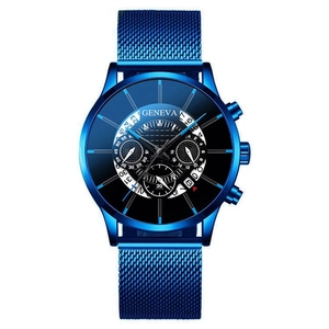 Close-up of blue Geneva men's analog watch featuring alloy mesh strap and large dial