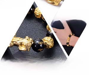 Detailed view of Pixiu bracelet with natural black agate and obsidian prayer beads