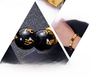 Detailed views of 10mm black obsidian pi xiu bracelet showing macro texture and wear