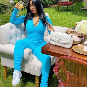 Sexy blue long sleeve ruched jumpsuit with front zipper detail for women outdoor style