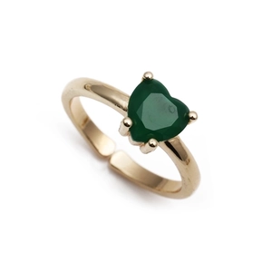 Detailed view of gold heart ring with green micro-paved zircon and adjustable band