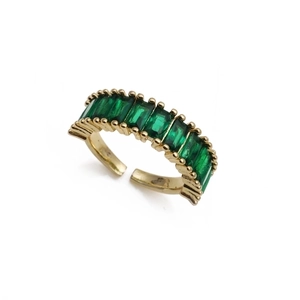 Adjustable gold plated ring with emerald green rectangular cubic zirconia in a top setting