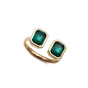 Adjustable gold plated copper ring with green emerald-cut zircon and white heart stone