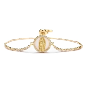 Adjustable gold plated tennis bracelet with shell Our Lady of Guadalupe charm and zircons