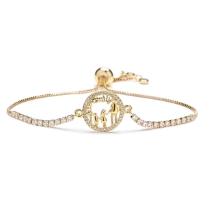 Adjustable gold bracelet with family silhouette pendant and zircons on a white background