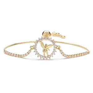 Adjustable gold bracelet with St. Michael angel pendant and cubic zirconia stones