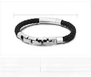 Detail view of woven black leather bracelet for men with stainless steel clasp and dimensions